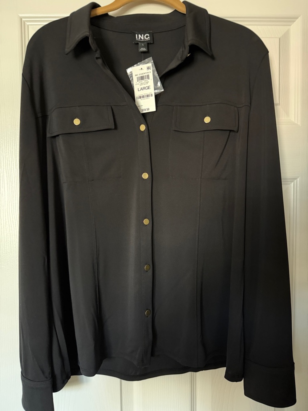 INC International Concepts Black Button-Front Utility Shirt